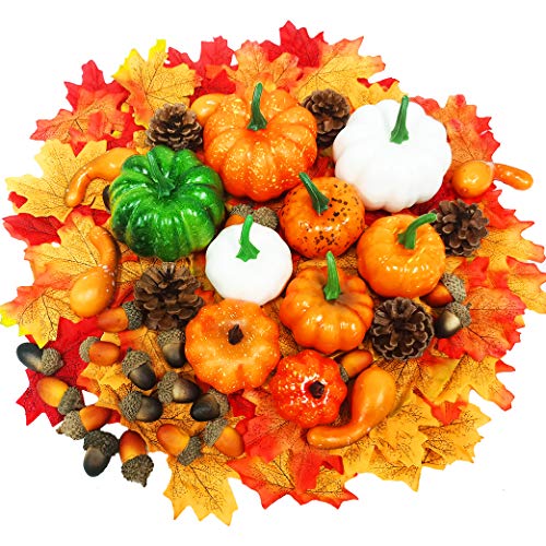 SonneSky Juego de calabazas artificiales decoración de Halloween 50 pcs mini calabazas bellotas hojas de arce de seda piñas calabazas 