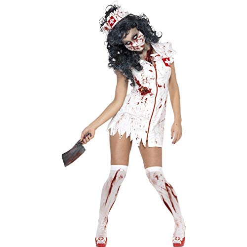 Smiffys- Halloween Disfraz de Enfermera Zombi, con Vestido, mascarilla y  Adorno para la Cabeza, Color Blanco, S - EU Tamaño 36-38 (Smiffy'S 34132S) -